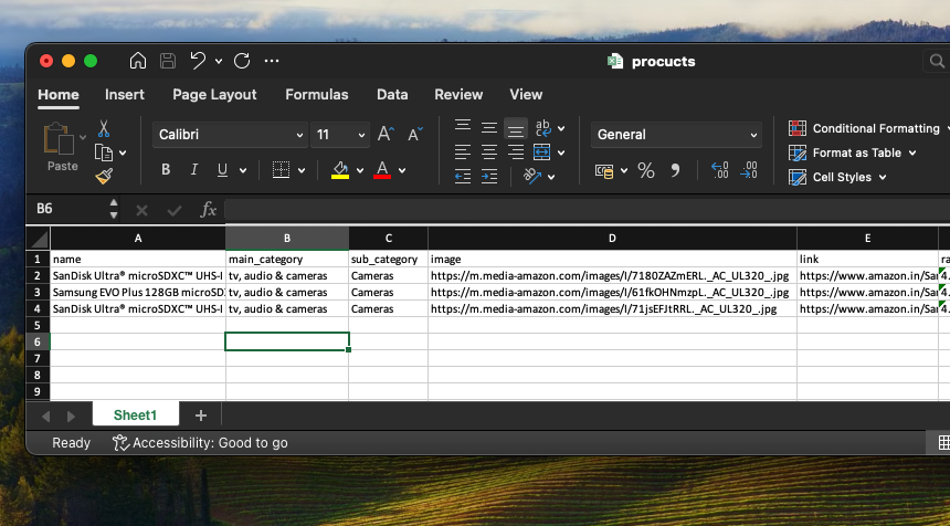 Microsoft Excel image created with the JSON data